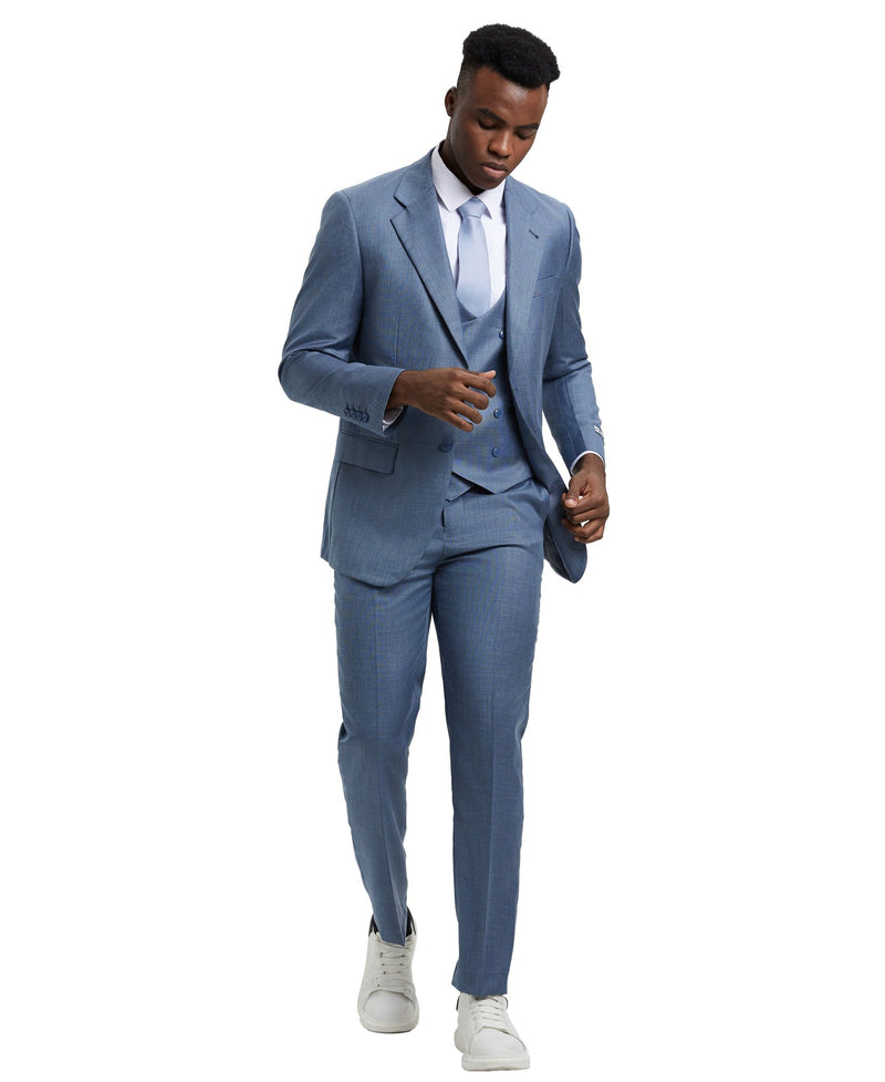 Stacy Adams Hybrid - Fit Textured Suit w/ Double Breasted Vest, Frost Blue - Bundle Bus