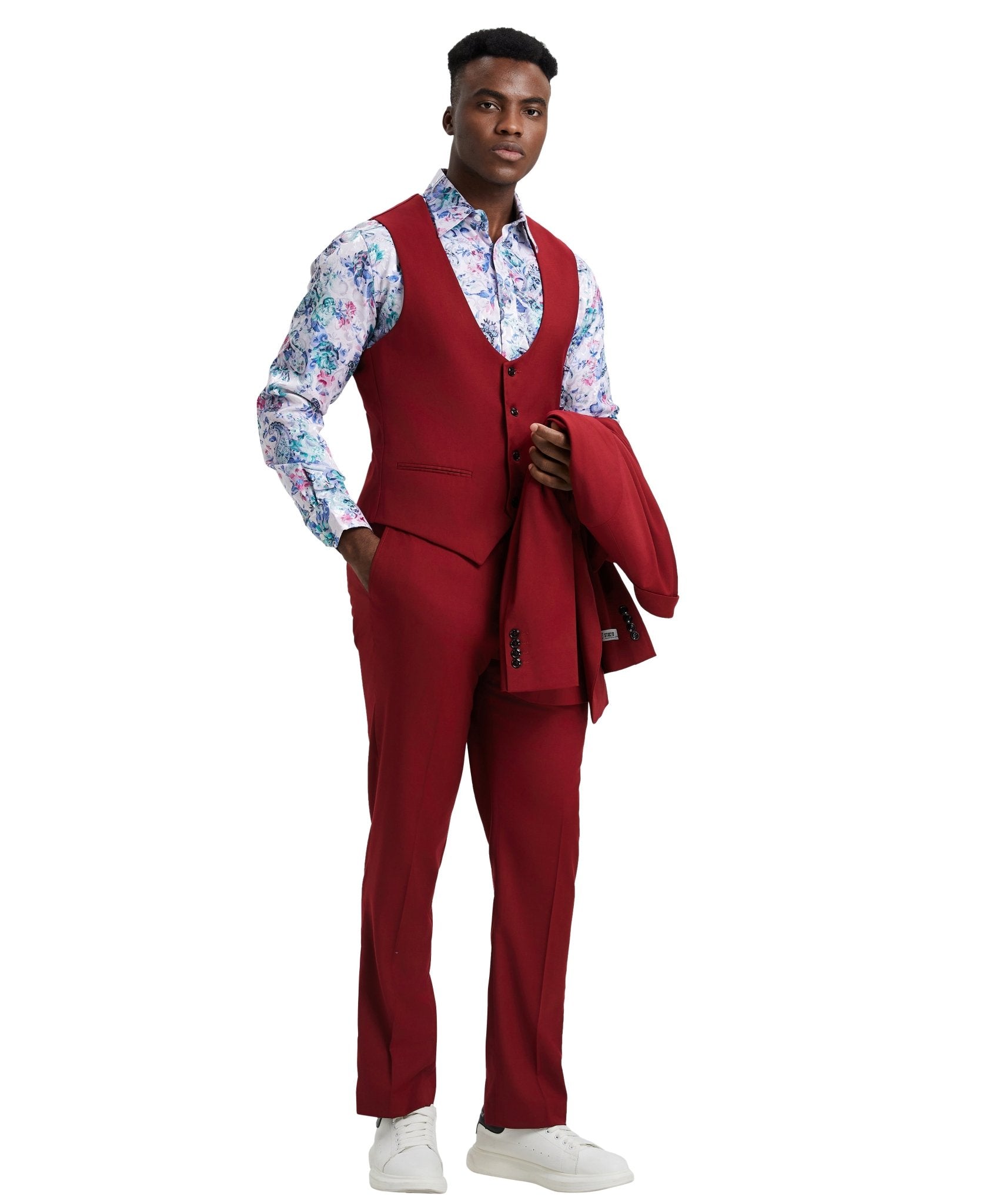 Stacy Adams Hybrid Fit U - Shaped Vested Suit, Red - Bundle Bus