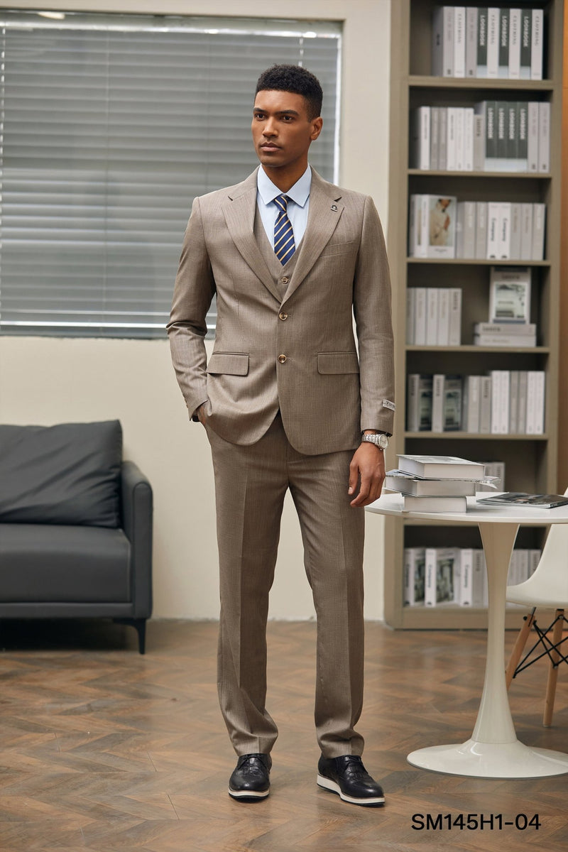 Stacy Adams Hybrid - Fit Vested 3 - Piece Suit, Textured Dark Tan - Bundle Bus