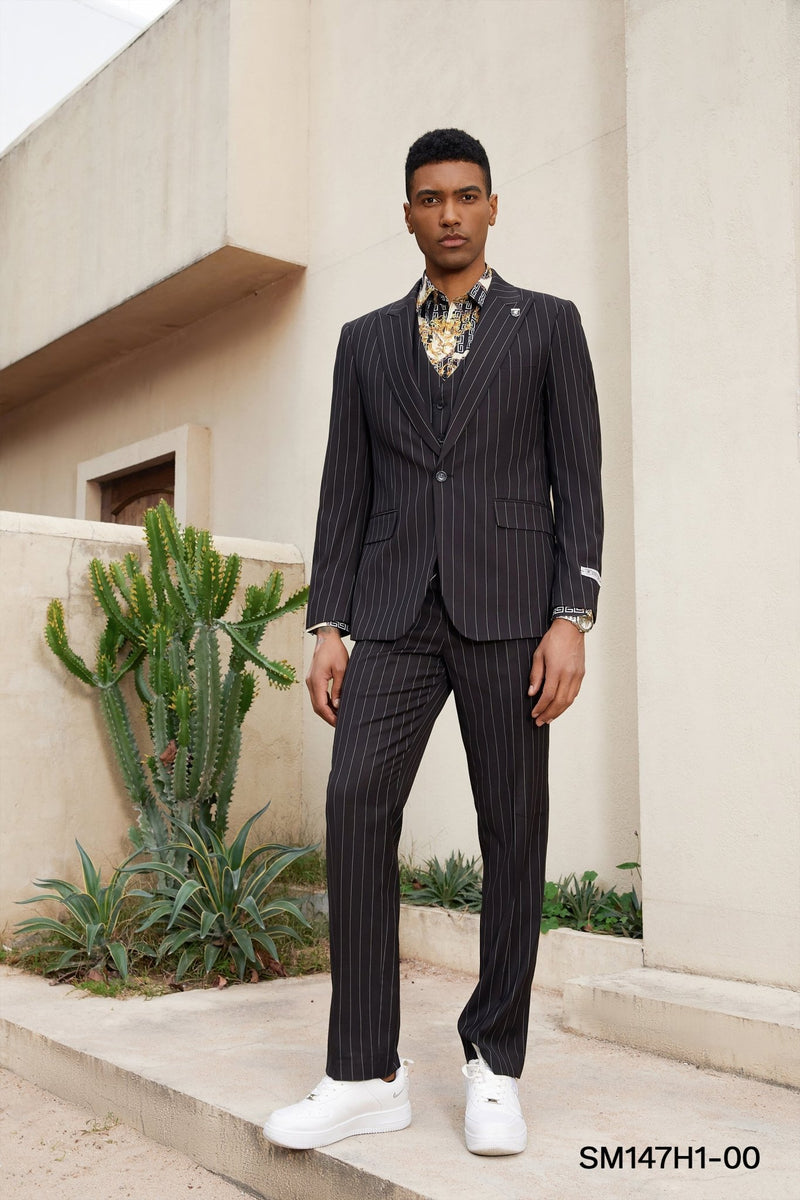 Stacy Adams Hybrid - Fit Vested Suit, Black Pinstriped - Bundle Bus