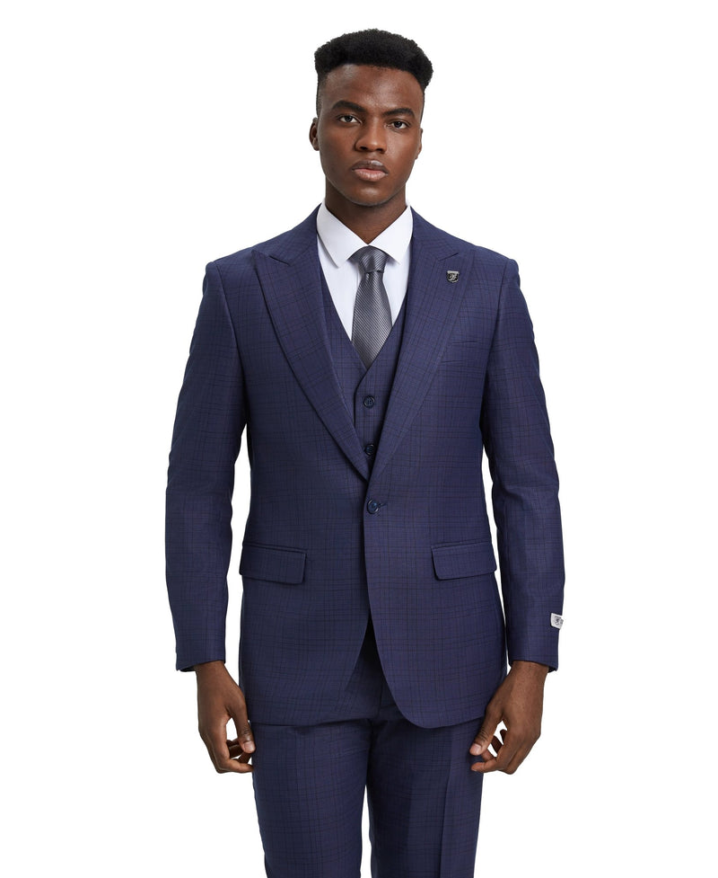 Stacy Adams Hybrid - Fit Vested Suit, Blue Plaid - Bundle Bus