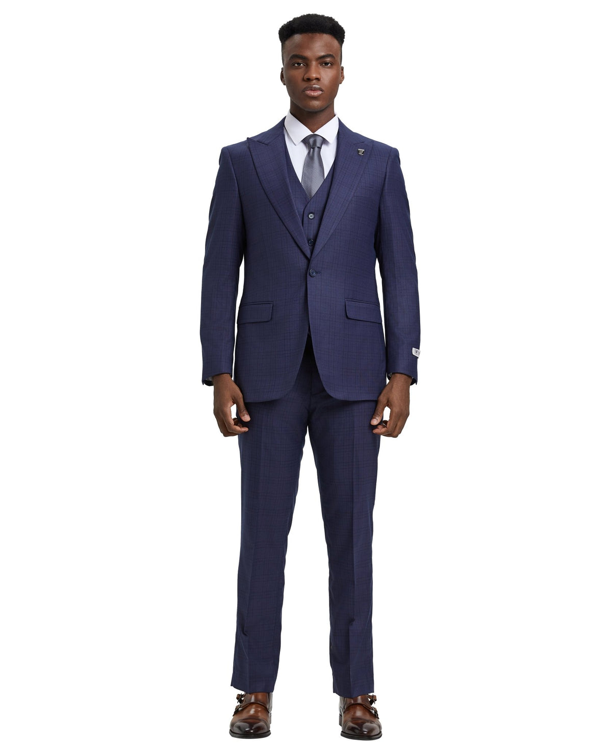 Stacy Adams Hybrid - Fit Vested Suit, Blue Plaid - Bundle Bus