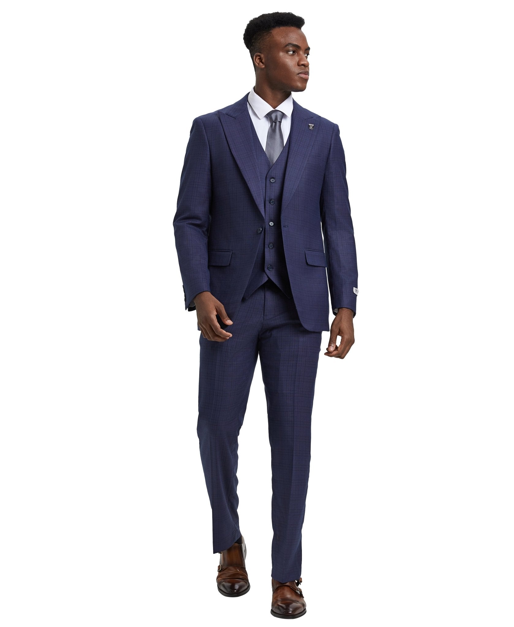 Stacy Adams Hybrid - Fit Vested Suit, Blue Plaid - Bundle Bus