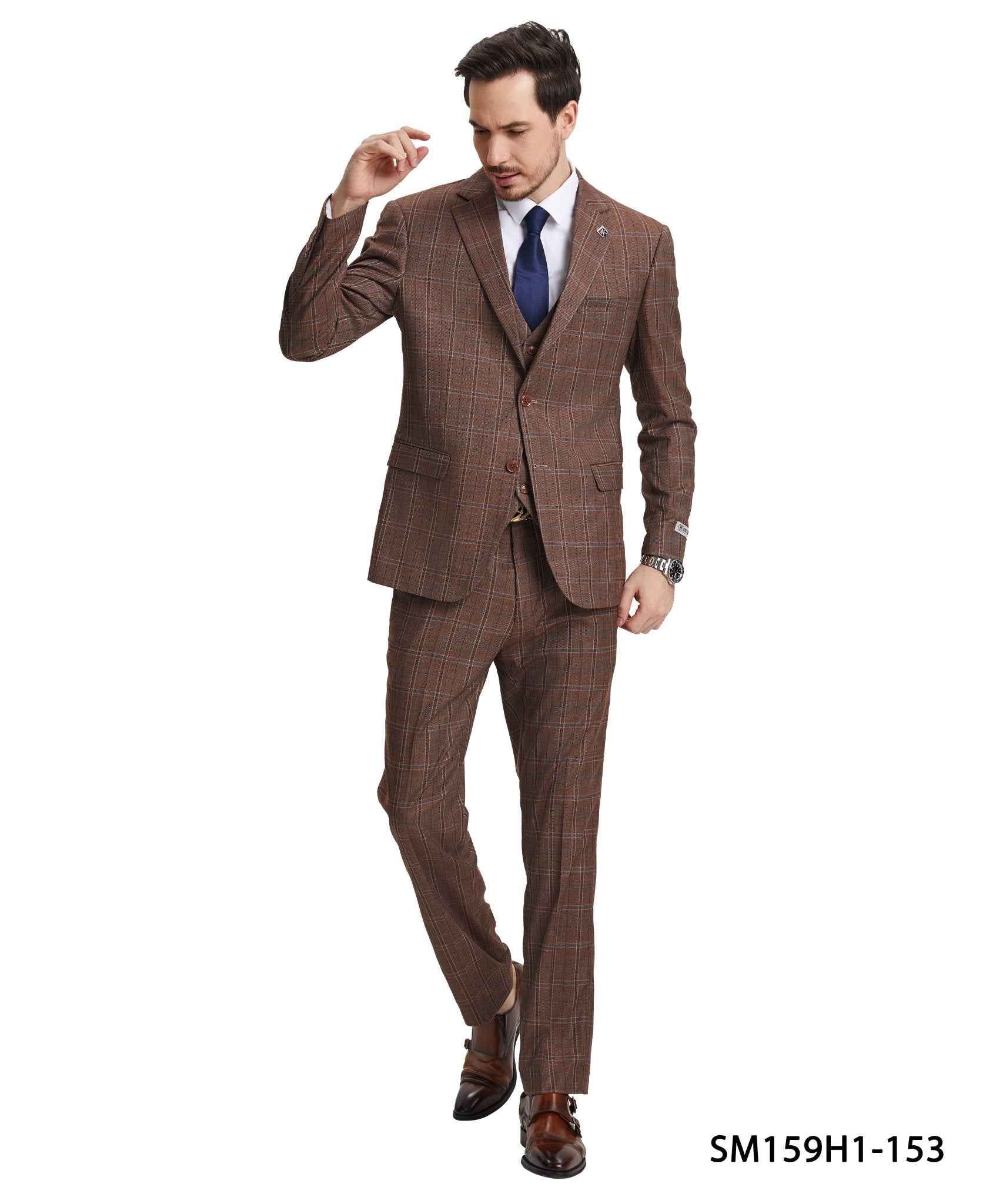 Stacy Adams Hybrid - Fit Vested Suit, Brown Plaid - Bundle Bus