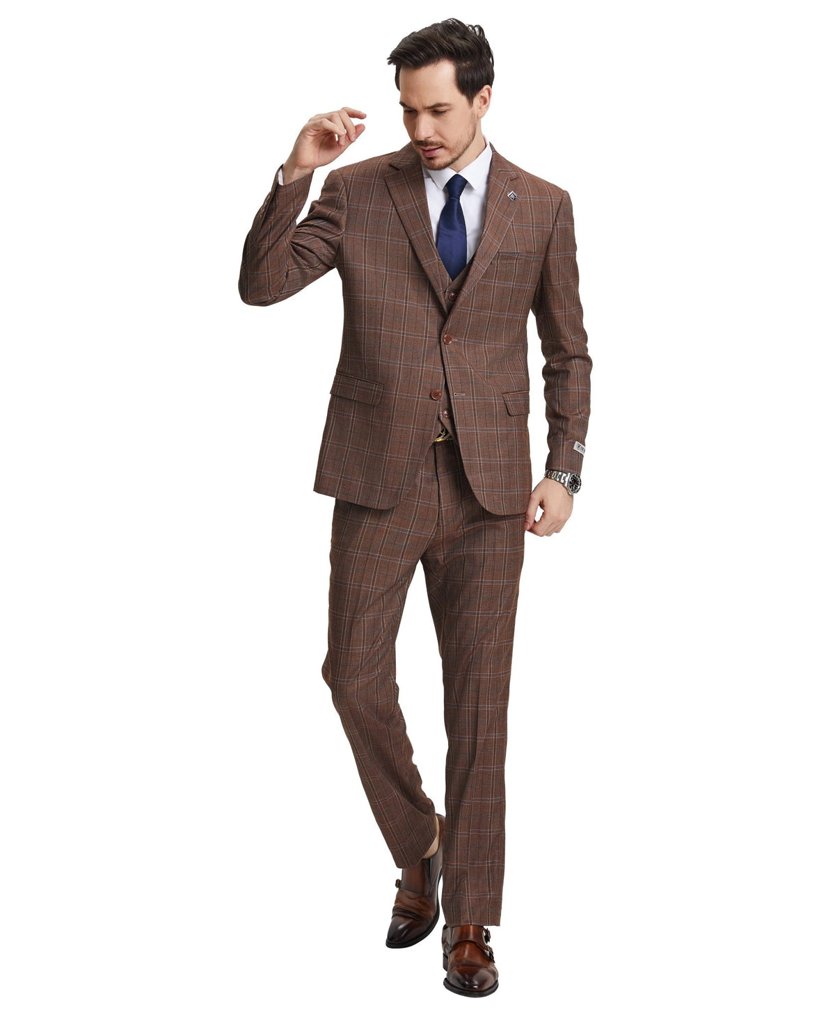 Stacy Adams Hybrid - Fit Vested Suit, Brown Plaid - Bundle Bus