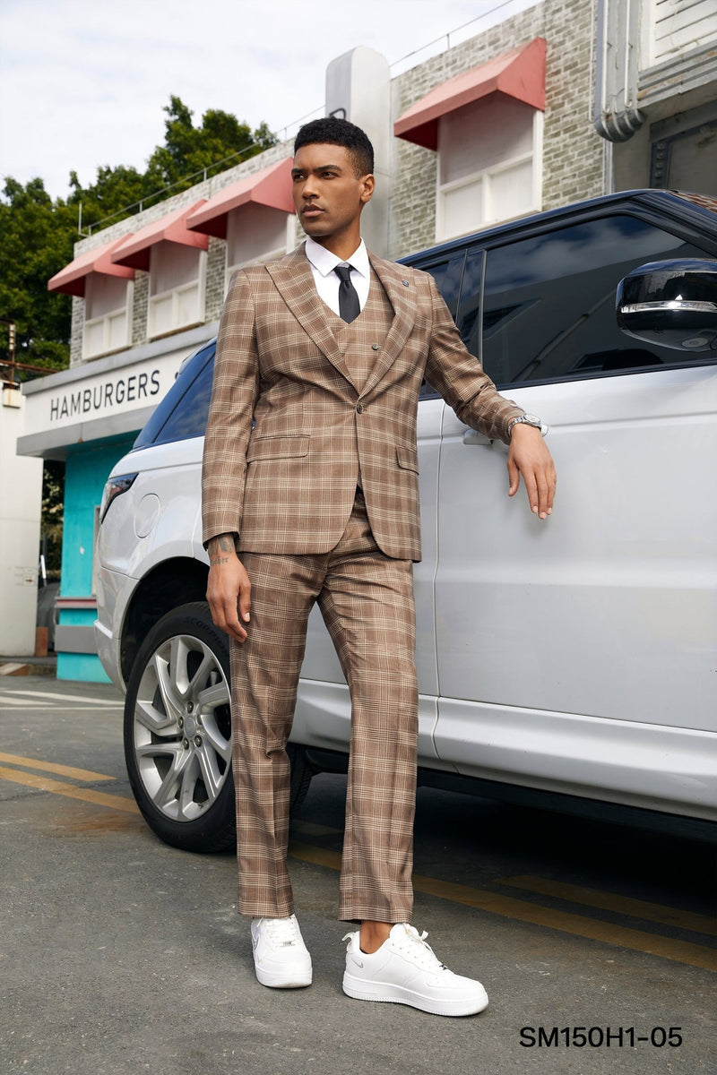 Stacy Adams Hybrid - Fit Vested Suit, Brown Windowpane - Bundle Bus