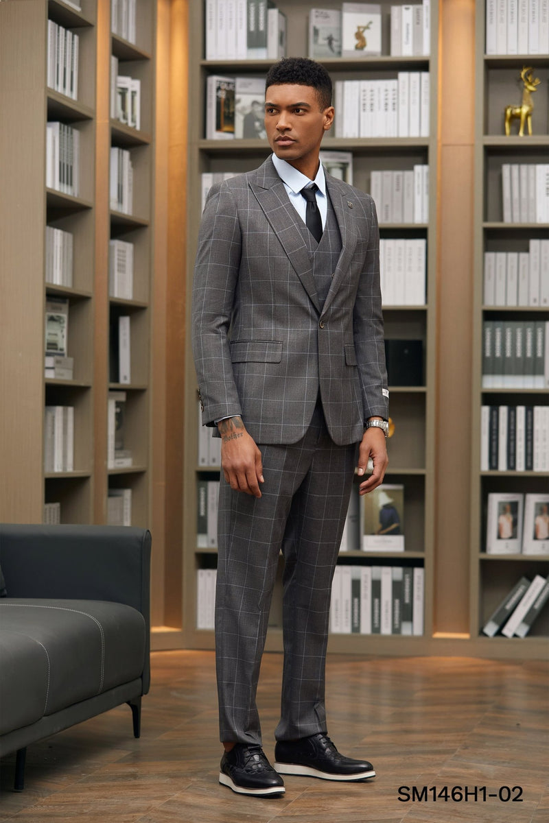 Stacy Adams Hybrid - Fit Vested Suit, Dark Grey Windowpane - Bundle Bus