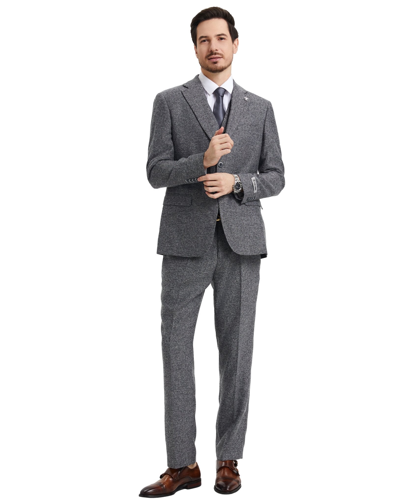 Stacy Adams Hybrid - Fit Vested Suit, Grey Tweed - Bundle Bus