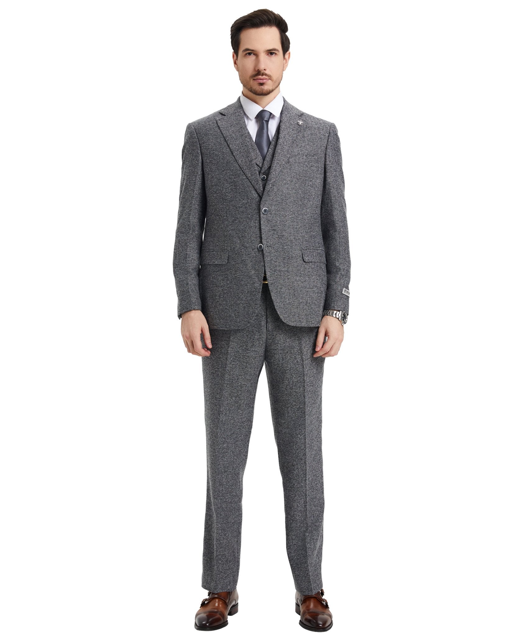 Stacy Adams Hybrid - Fit Vested Suit, Grey Tweed - Bundle Bus