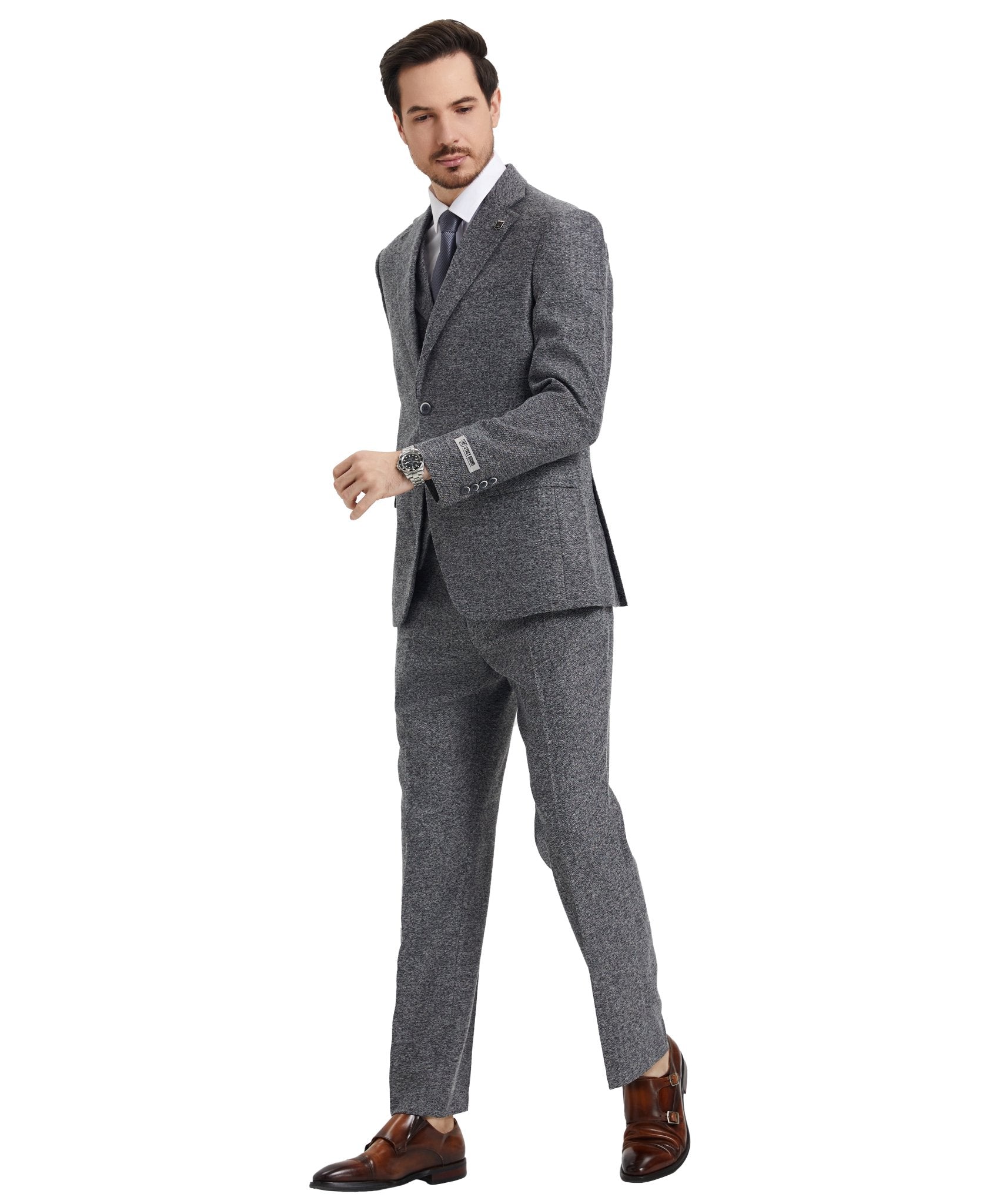 Stacy Adams Hybrid - Fit Vested Suit, Grey Tweed - Bundle Bus