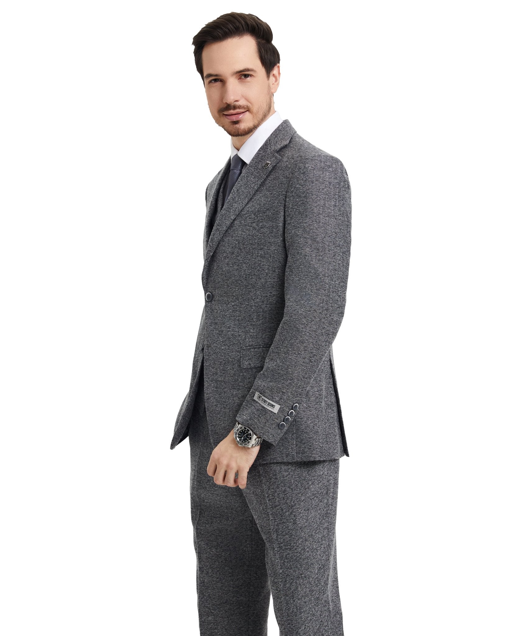 Stacy Adams Hybrid - Fit Vested Suit, Grey Tweed - Bundle Bus