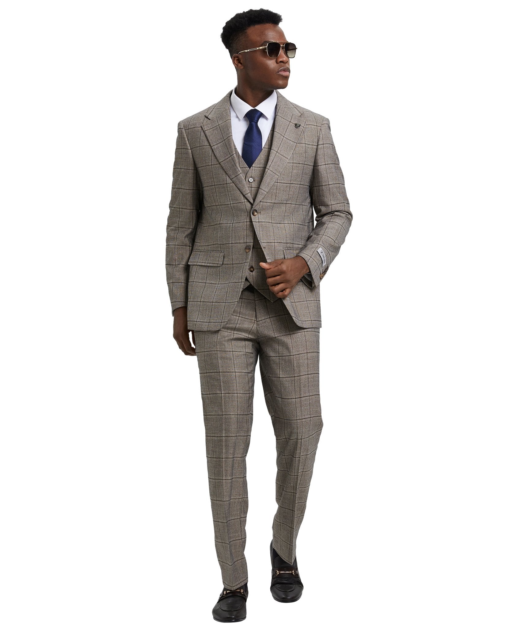 Stacy Adams Hybrid - Fit Vested Suit, Grey Windowpane - Bundle Bus