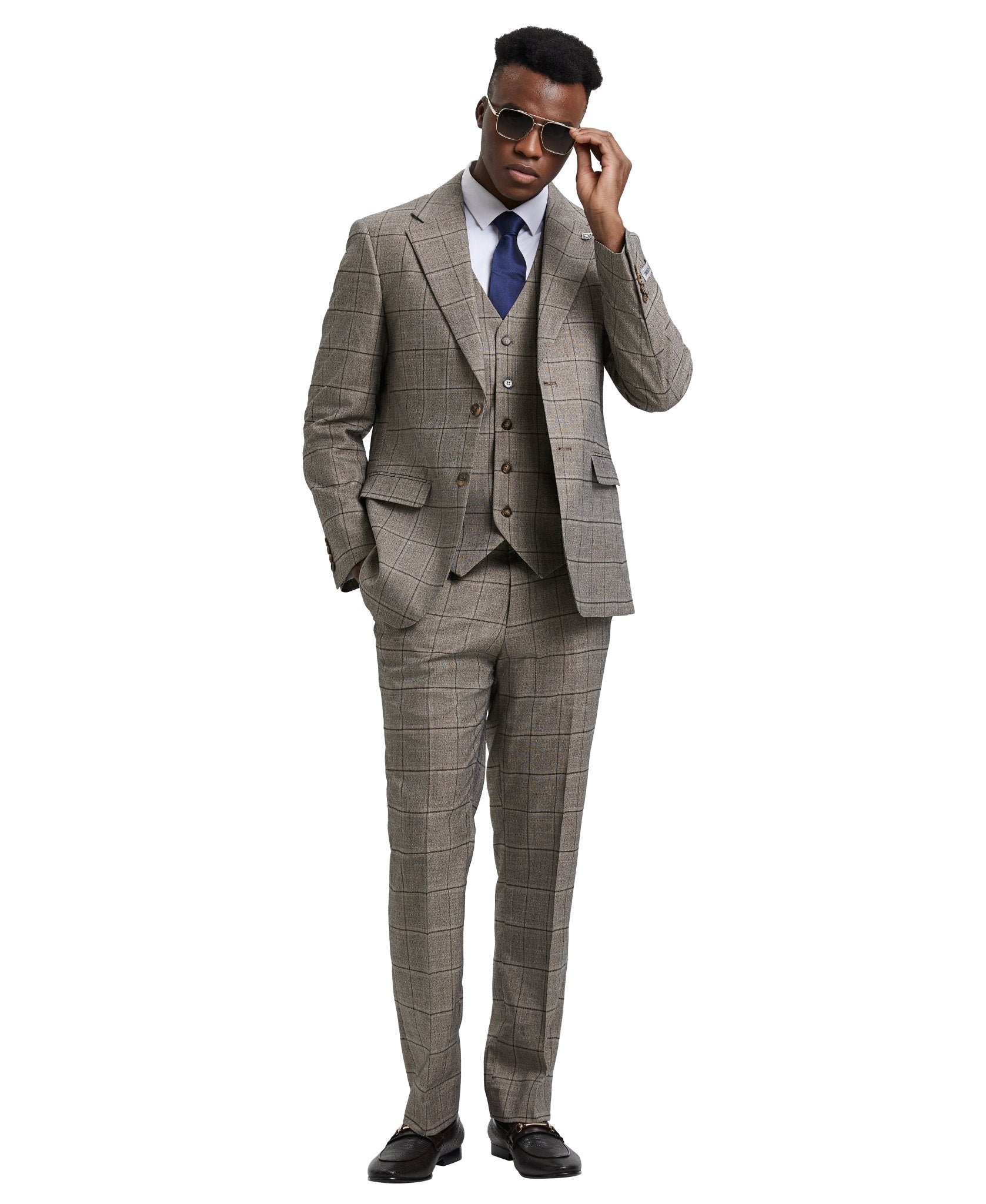 Stacy Adams Hybrid - Fit Vested Suit, Grey Windowpane - Bundle Bus