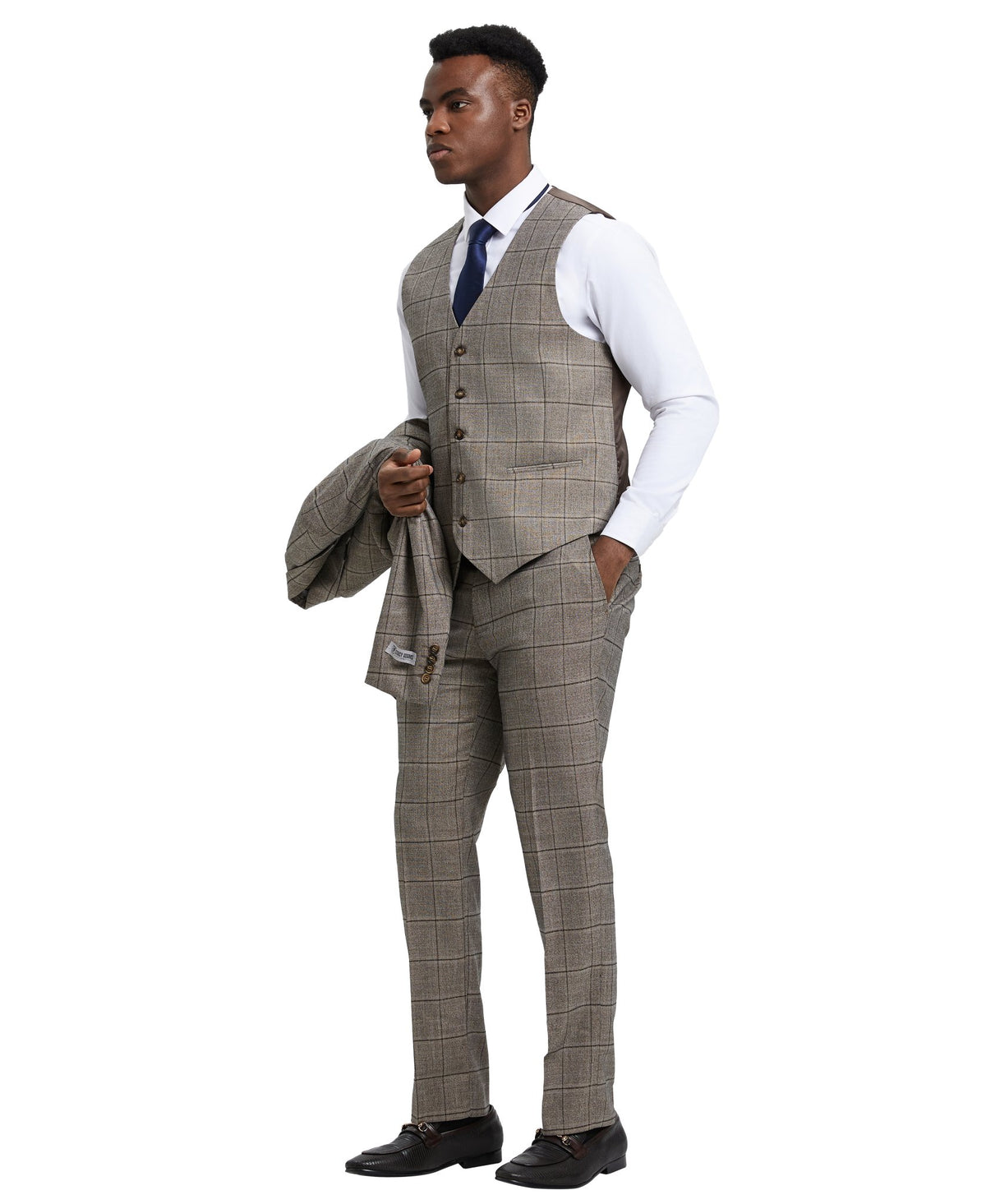 Stacy Adams Hybrid - Fit Vested Suit, Grey Windowpane - Bundle Bus