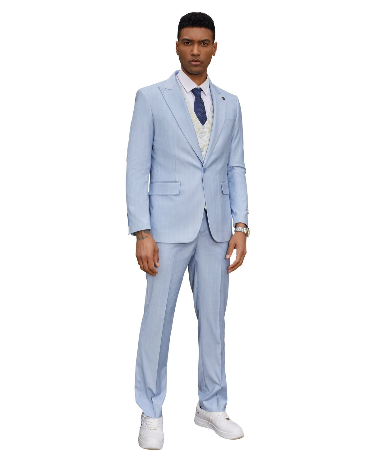 Stacy Adams Hybrid - Fit Vested Suit, Light Blue Pinstriped - Bundle Bus