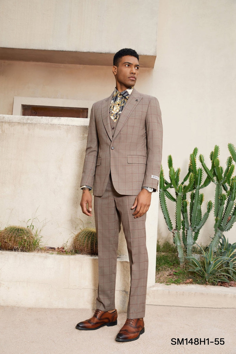 Stacy Adams Hybrid - Fit Vested Suit, Light Brown Windowpane - Bundle Bus