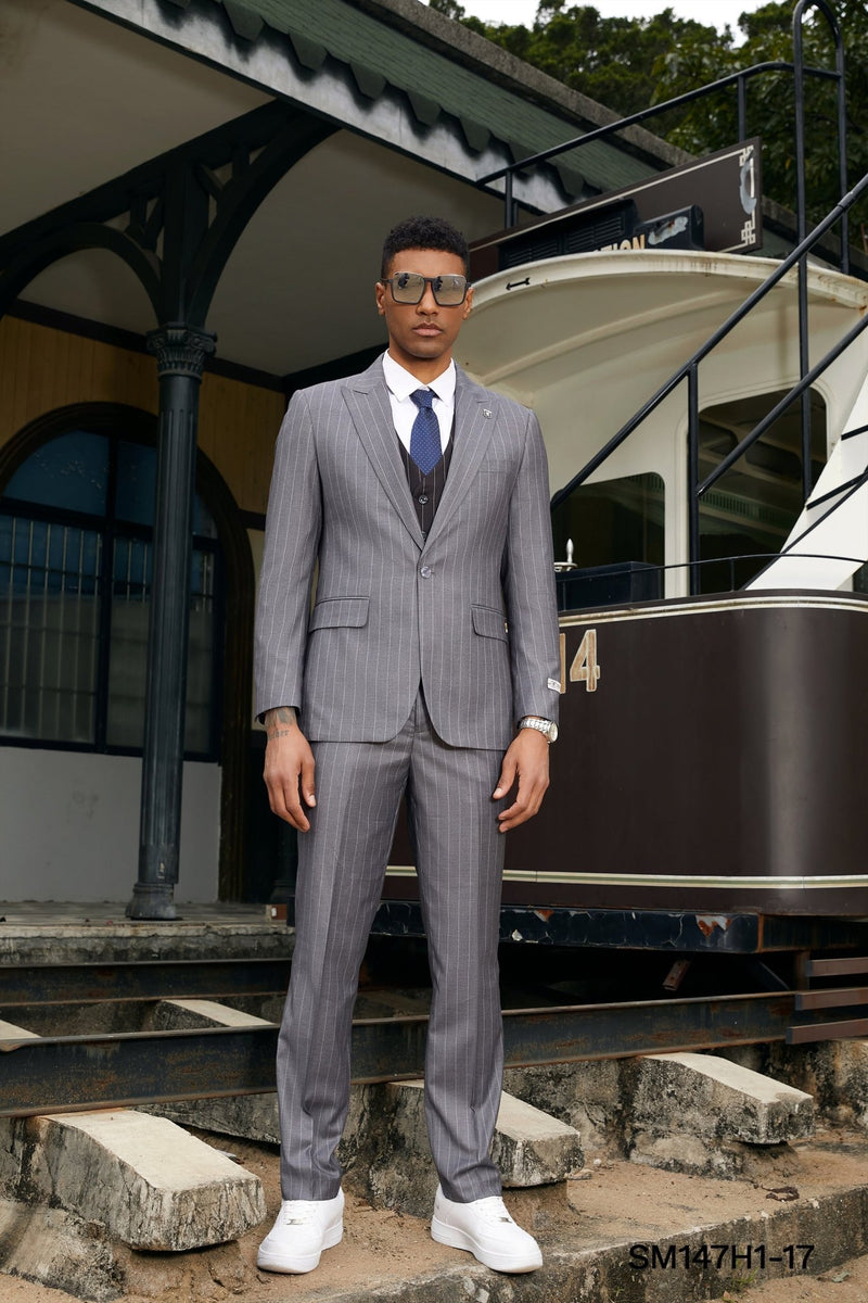 Stacy Adams Hybrid - Fit Vested Suit, Medium Gray Pinstriped - Bundle Bus