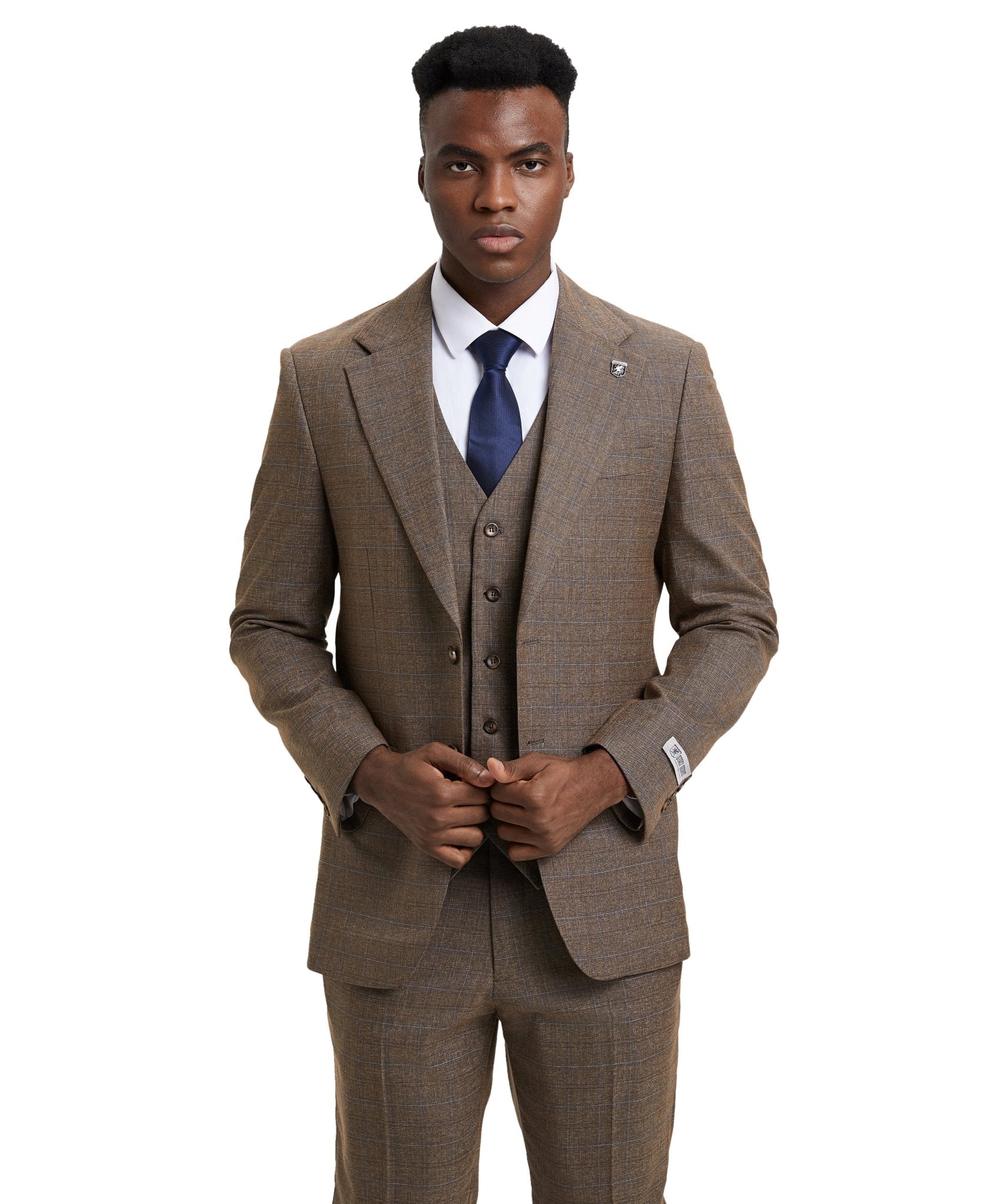 Stacy Adams Hybrid - Fit Vested Suit, Plaid Brown - Bundle Bus