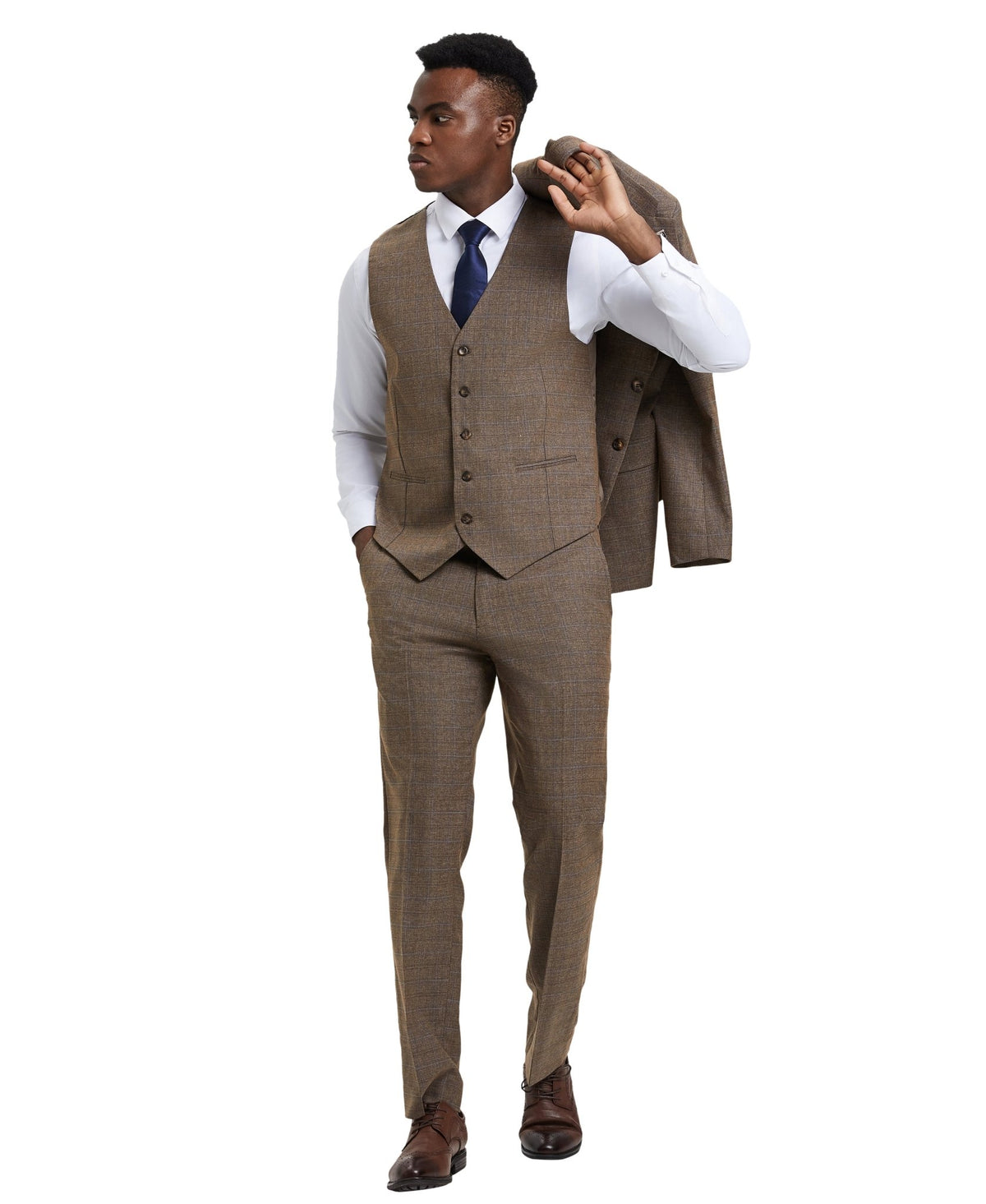 Stacy Adams Hybrid - Fit Vested Suit, Plaid Brown - Bundle Bus