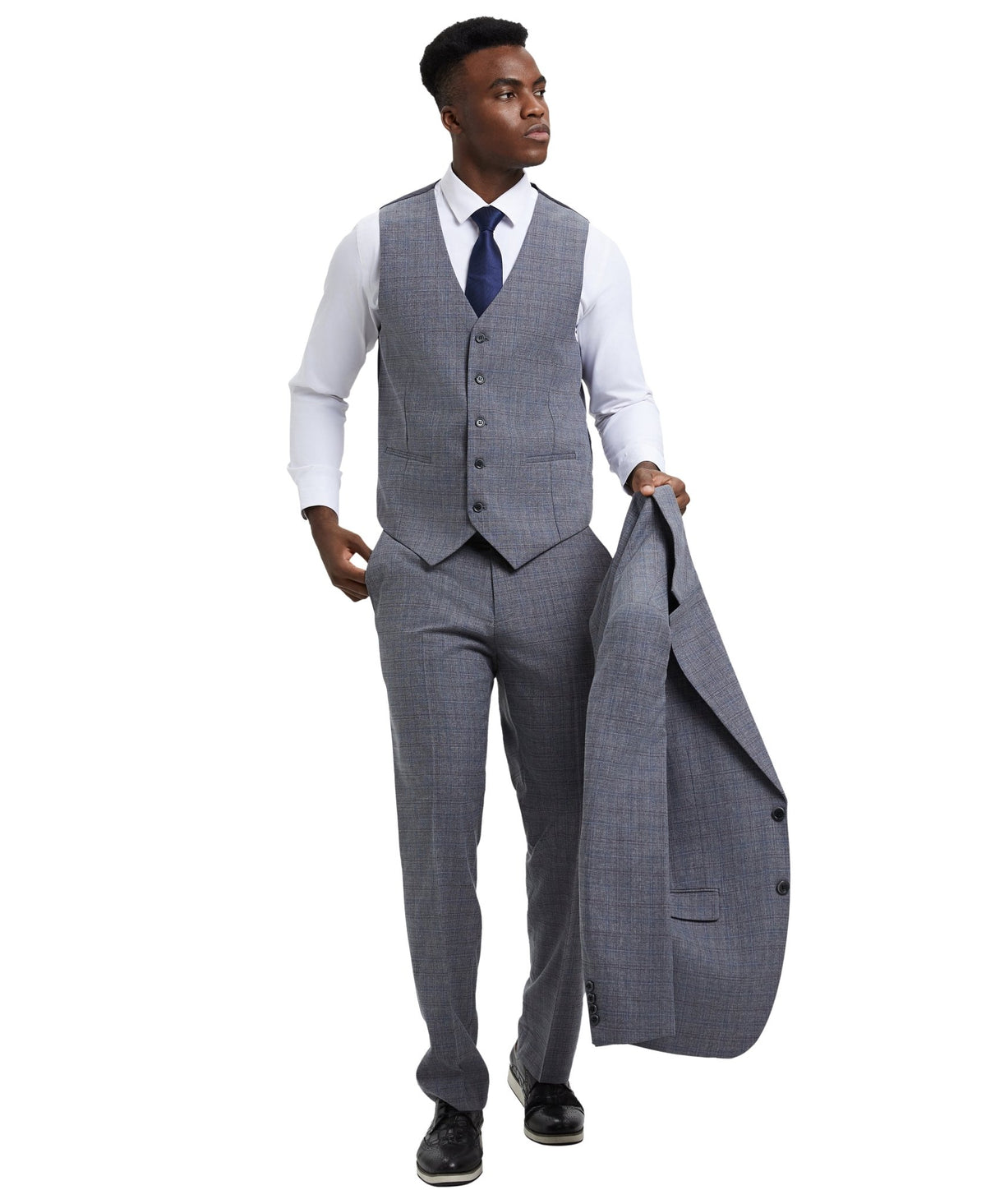 Stacy Adams Hybrid - Fit Vested Suit, Plaid Grey - Bundle Bus