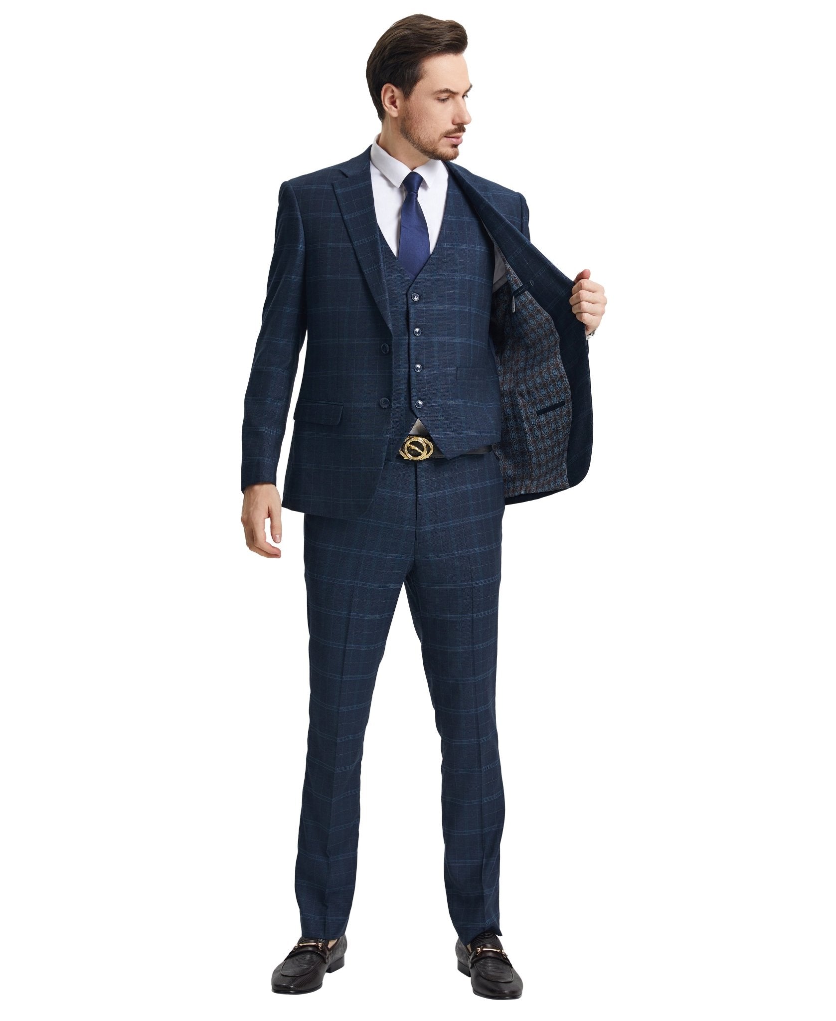 Stacy Adams Hybrid - Fit Vested Suit, Plaid Navy - Bundle Bus