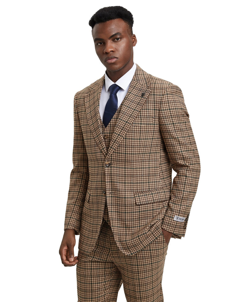 Stacy Adams Hybrid - Fit Vested Suit, Plaid Tan - Bundle Bus