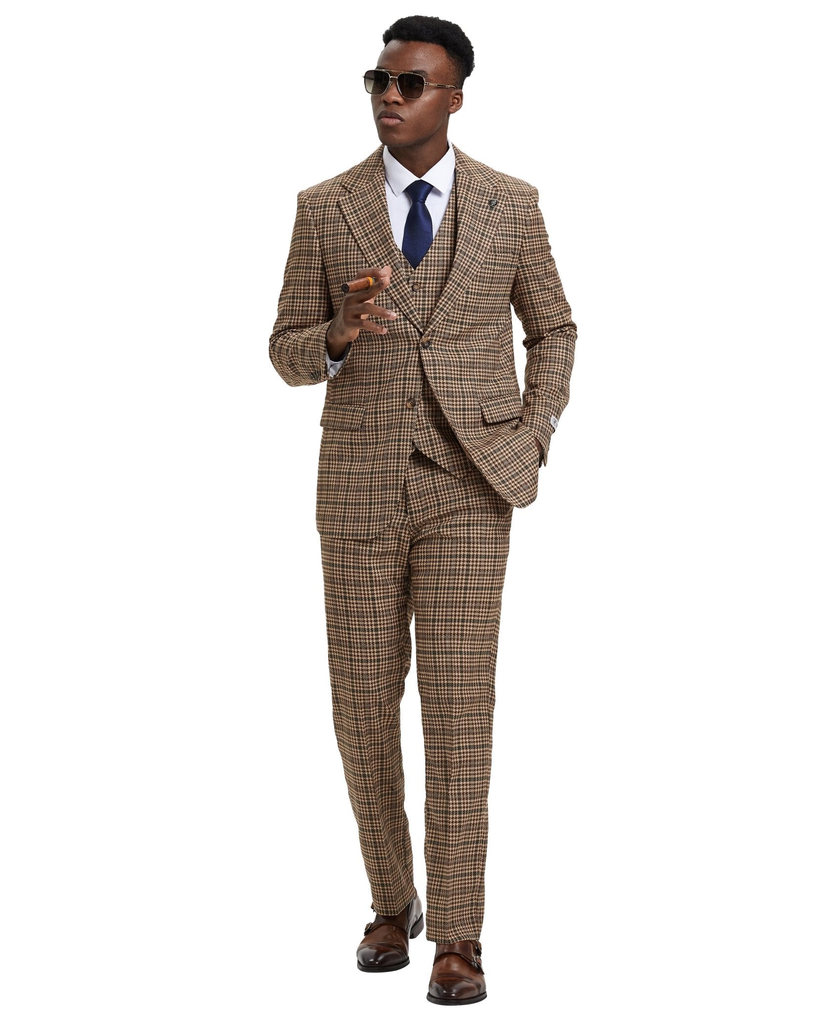 Stacy Adams Hybrid - Fit Vested Suit, Plaid Tan - Bundle Bus