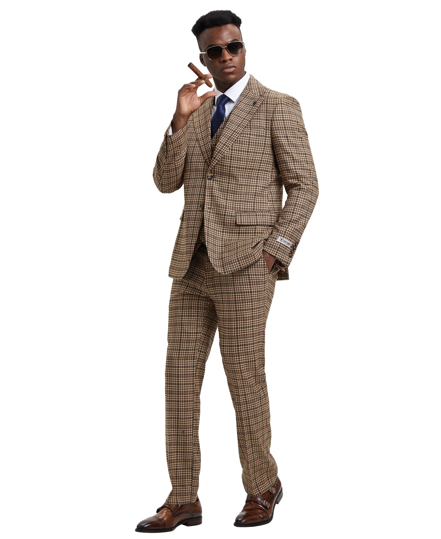 Stacy Adams Hybrid - Fit Vested Suit, Plaid Tan - Bundle Bus