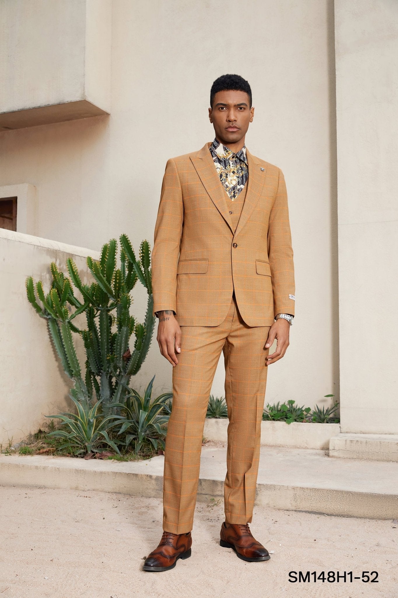 Stacy Adams Hybrid - Fit Vested Suit, Rust Windowpane - Bundle Bus