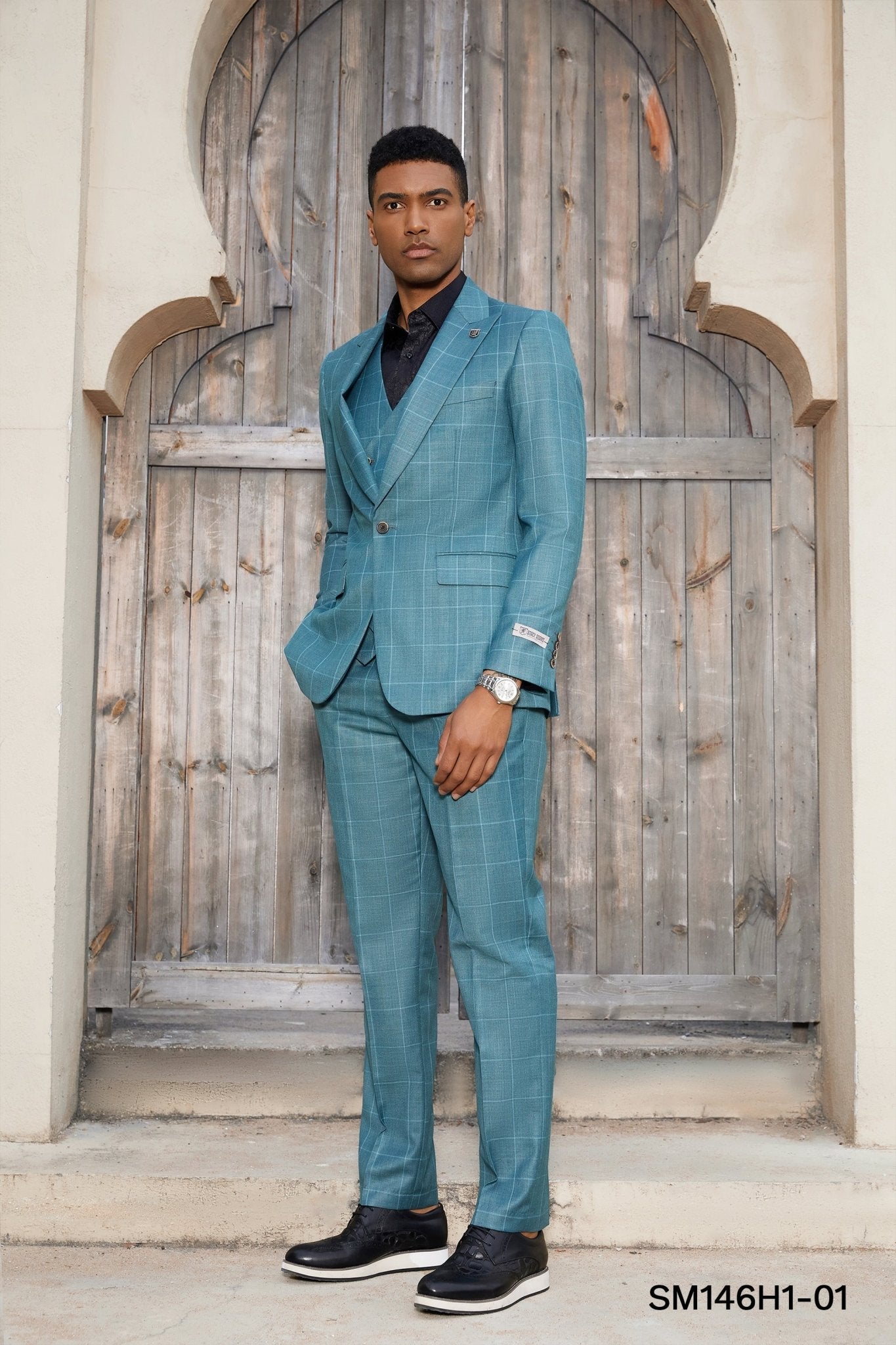 Stacy Adams Hybrid - Fit Vested Suit, Teal Windowpane - Bundle Bus