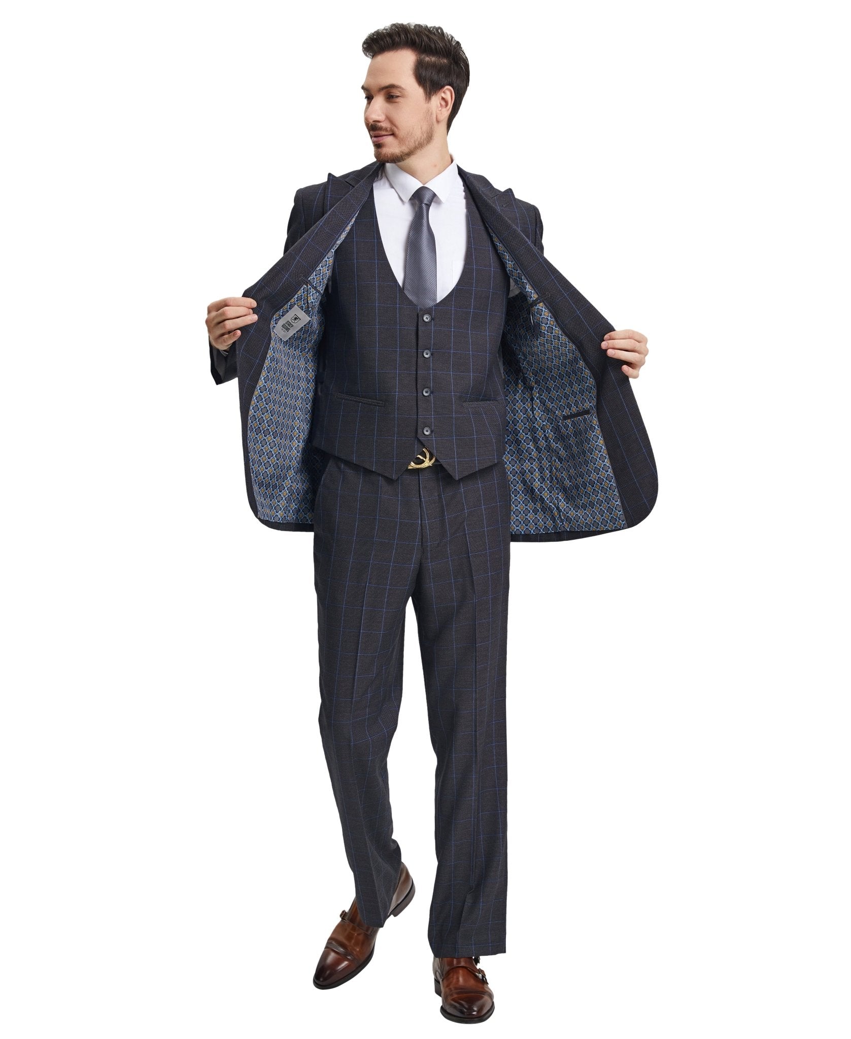 Stacy Adams Hybrid - Fit Vested Suit w/ U - Shaped Vest, Charcoaled Windowpane - Bundle Bus