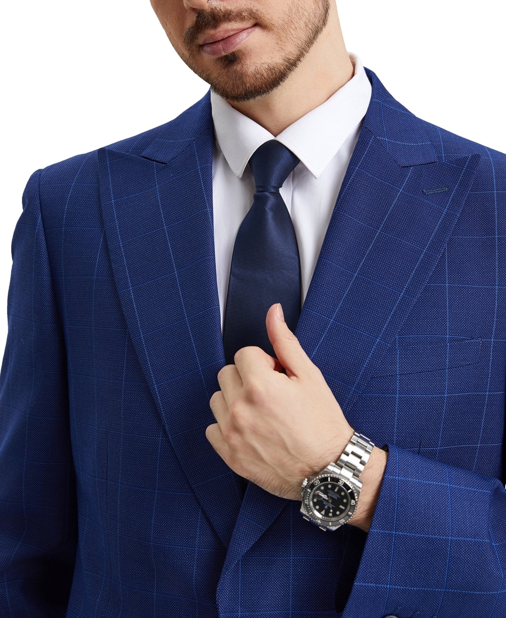 Stacy Adams Hybrid - Fit Vested Suit w/ U - Shaped Vest, Windowpane Royal Blue - Bundle Bus