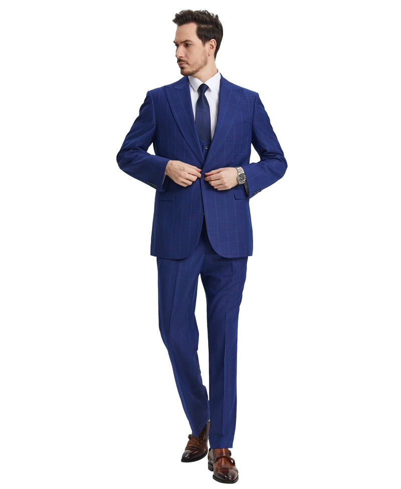 Stacy Adams Hybrid - Fit Vested Suit w/ U - Shaped Vest, Windowpane Royal Blue - Bundle Bus