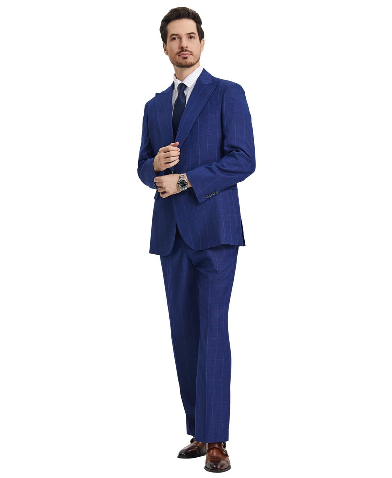 Stacy Adams Hybrid - Fit Vested Suit w/ U - Shaped Vest, Windowpane Royal Blue - Bundle Bus