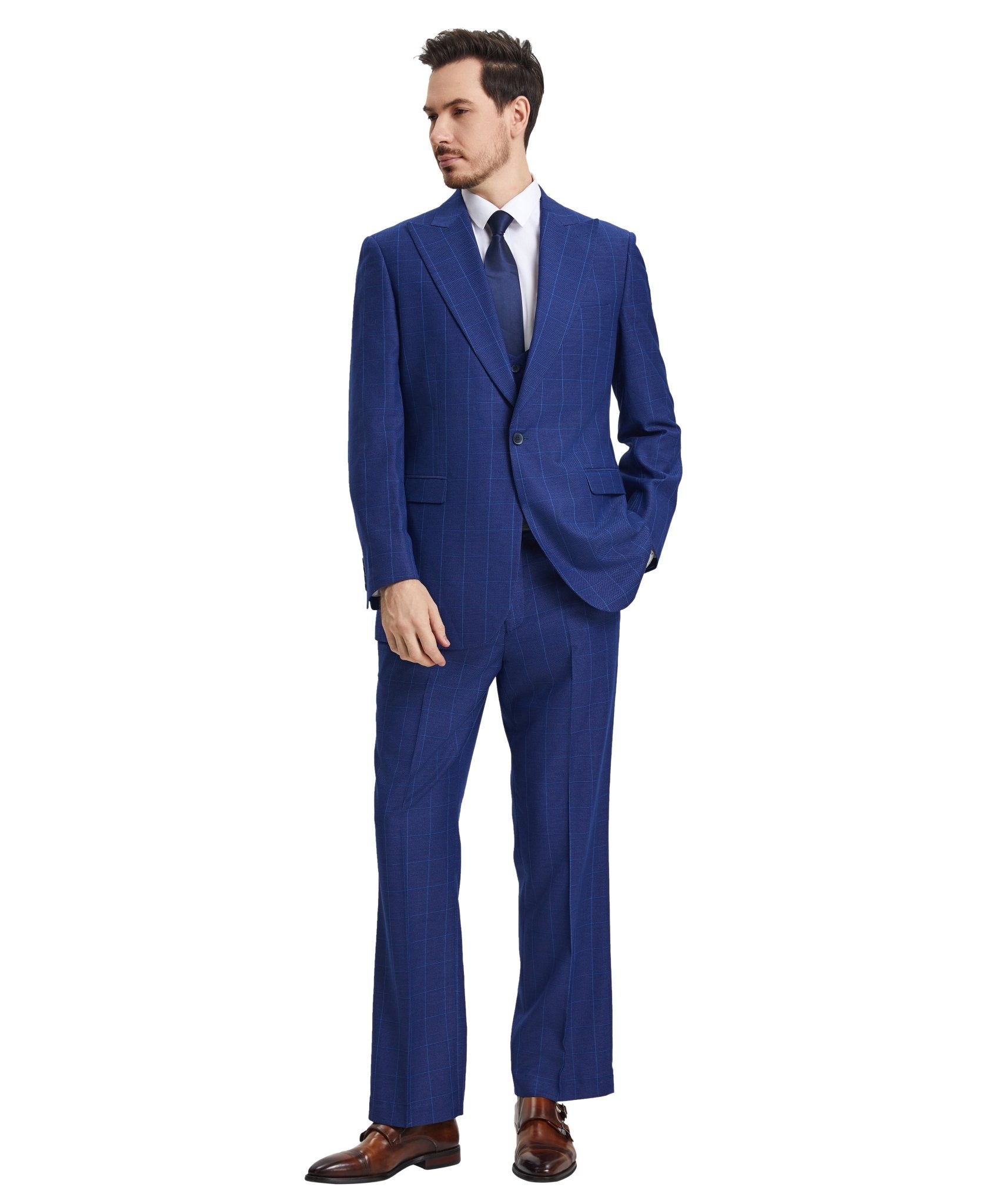 Stacy Adams Hybrid - Fit Vested Suit w/ U - Shaped Vest, Windowpane Royal Blue - Bundle Bus