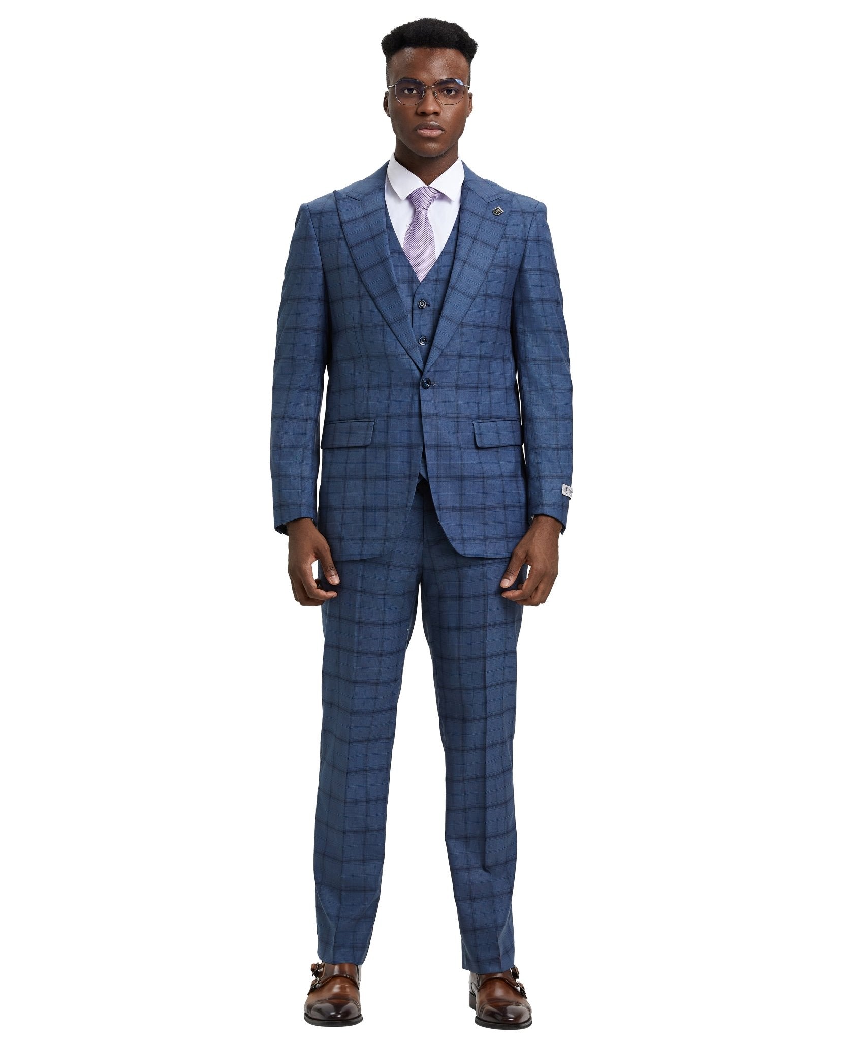 Stacy Adams Hybrid Fit Vested Suit, Windowpane Blue - Bundle Bus