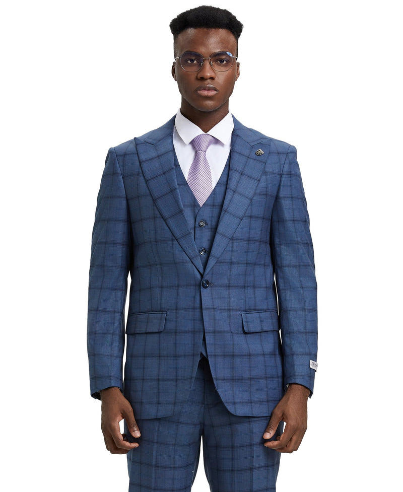 Stacy Adams Hybrid Fit Vested Suit, Windowpane Blue - Bundle Bus