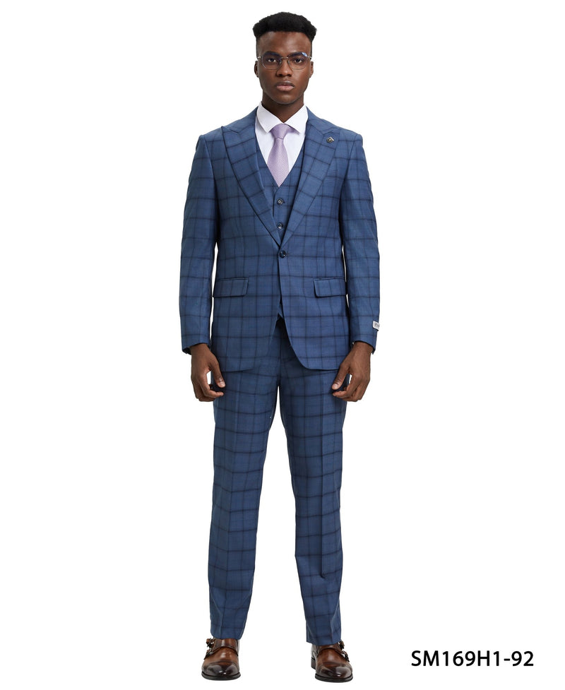 Stacy Adams Hybrid Fit Vested Suit, Windowpane Blue - Bundle Bus