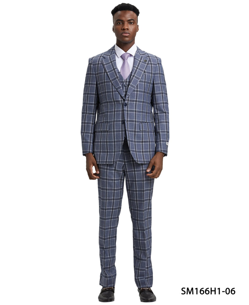 Stacy Adams Hybrid - Fit Vested Suit, Windowpane Blue - Bundle Bus