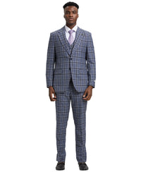 Stacy Adams Hybrid - Fit Vested Suit, Windowpane Blue - Bundle Bus