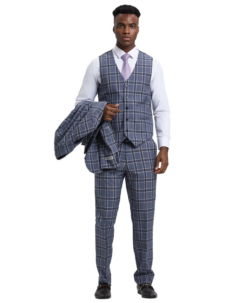 Stacy Adams Hybrid - Fit Vested Suit, Windowpane Blue - Bundle Bus