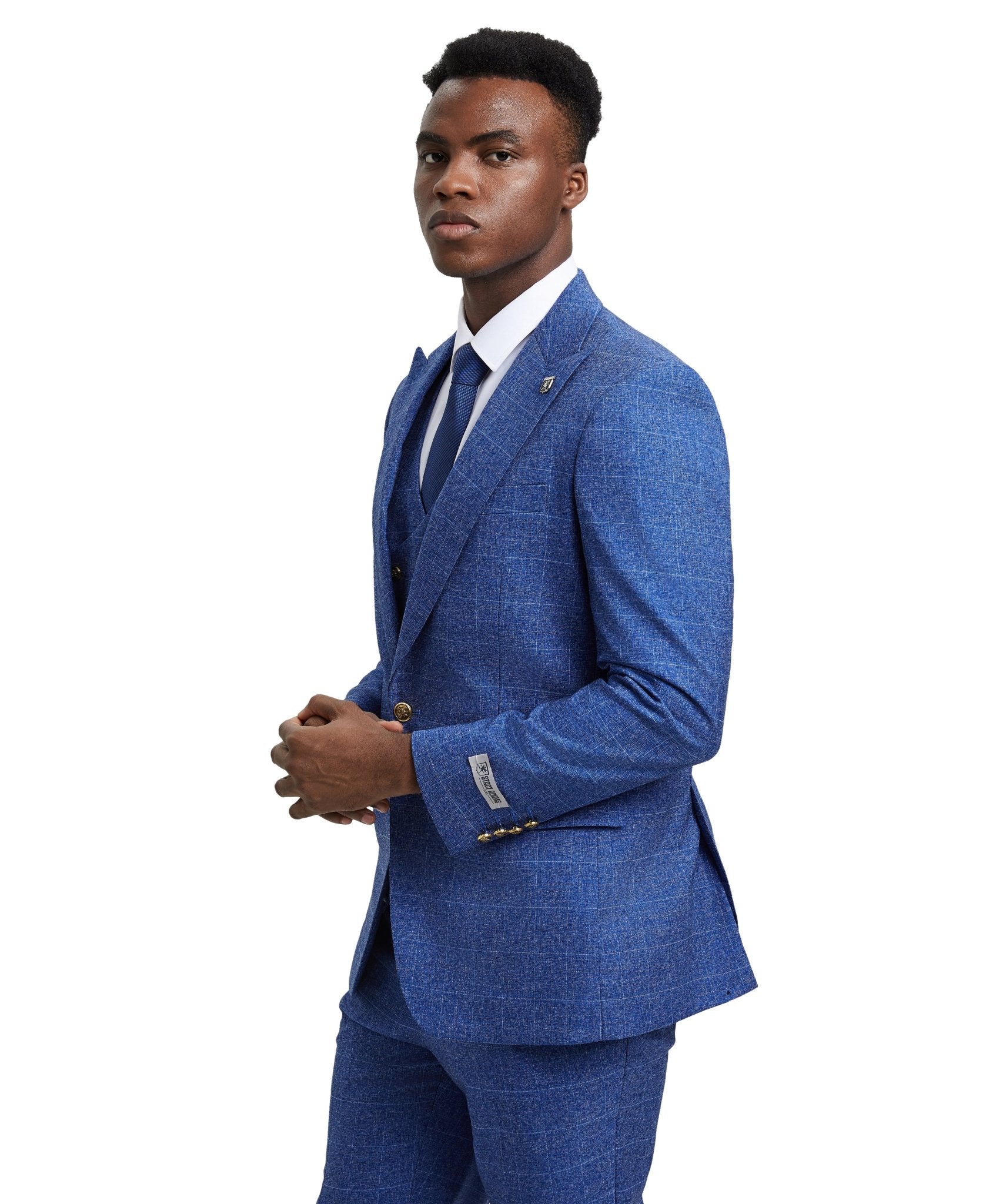 Stacy Adams Hybrid - Fit Vested Suit, Windowpane Blue - Bundle Bus