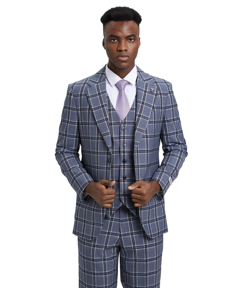 Stacy Adams Hybrid - Fit Vested Suit, Windowpane Blue - Bundle Bus