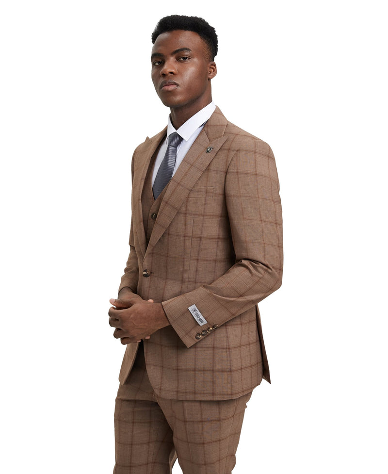 Stacy Adams Hybrid Fit Vested Suit, Windowpane brown - Bundle Bus