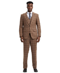 Stacy Adams Hybrid Fit Vested Suit, Windowpane brown - Bundle Bus