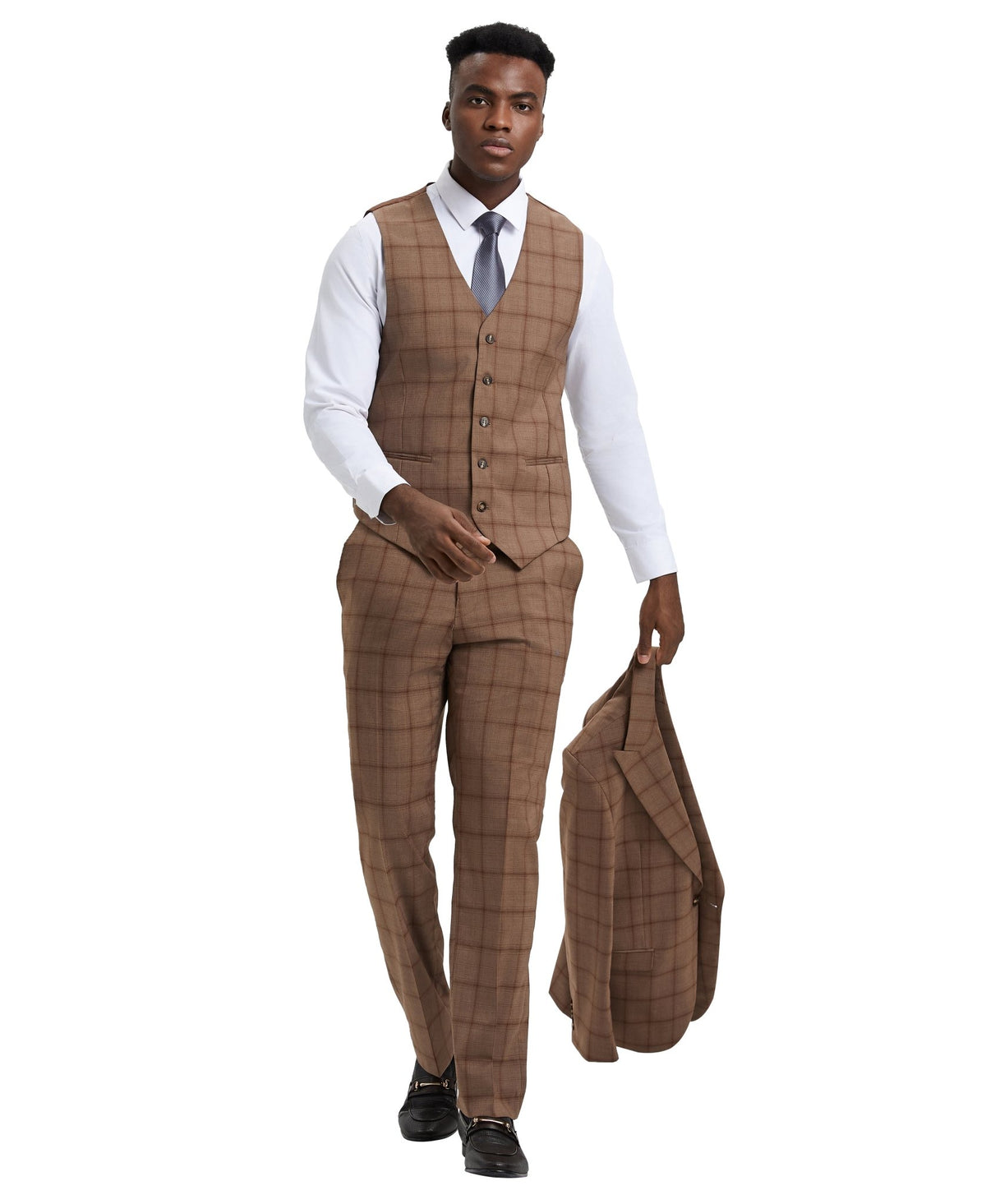 Stacy Adams Hybrid Fit Vested Suit, Windowpane brown - Bundle Bus