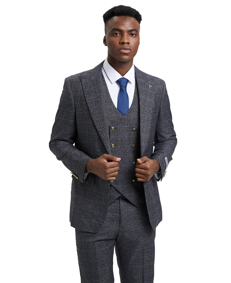 Stacy Adams Hybrid - Fit Vested Suit, Windowpane Charcoal - Bundle Bus