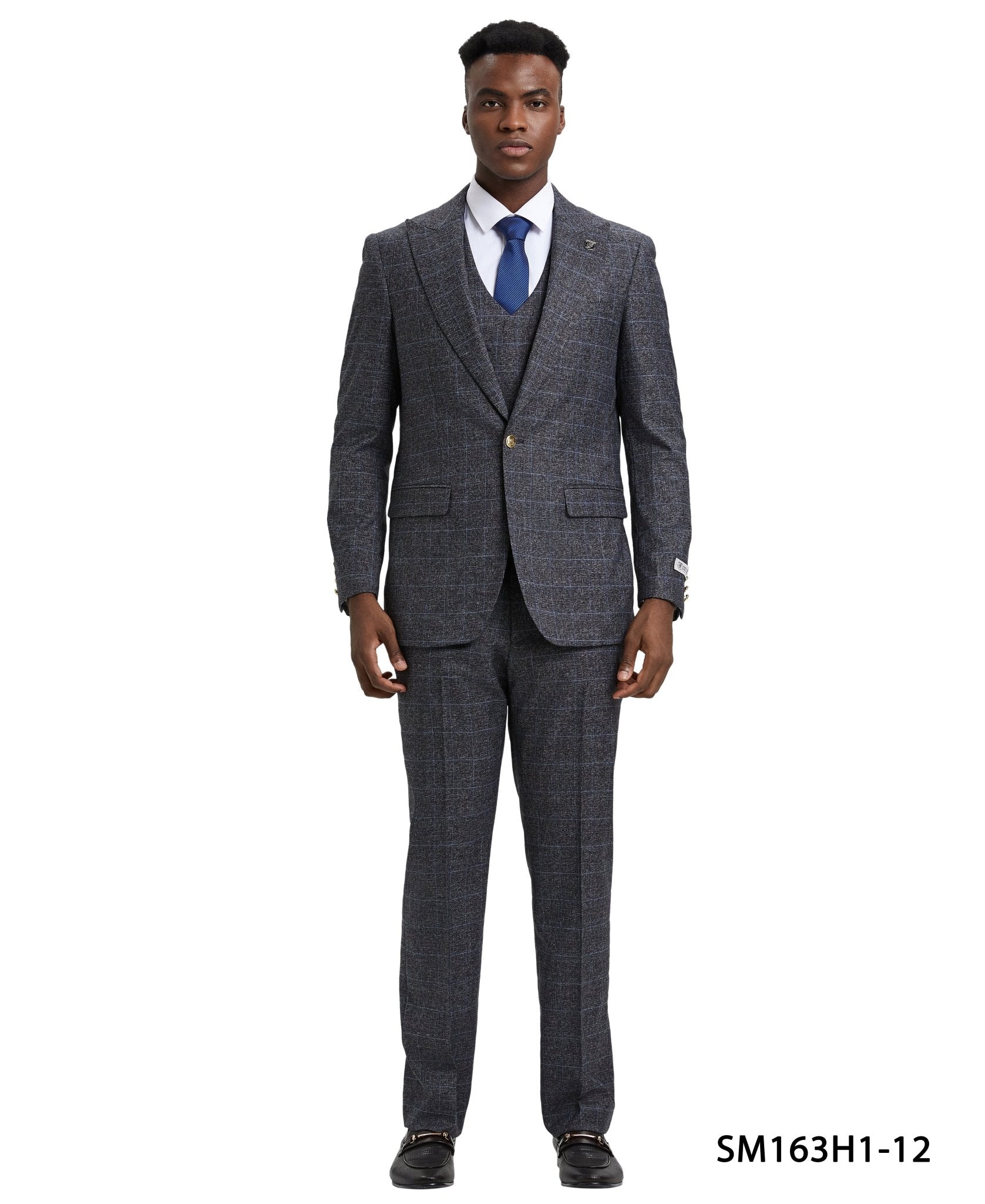 Stacy Adams Hybrid - Fit Vested Suit, Windowpane Charcoal - Bundle Bus