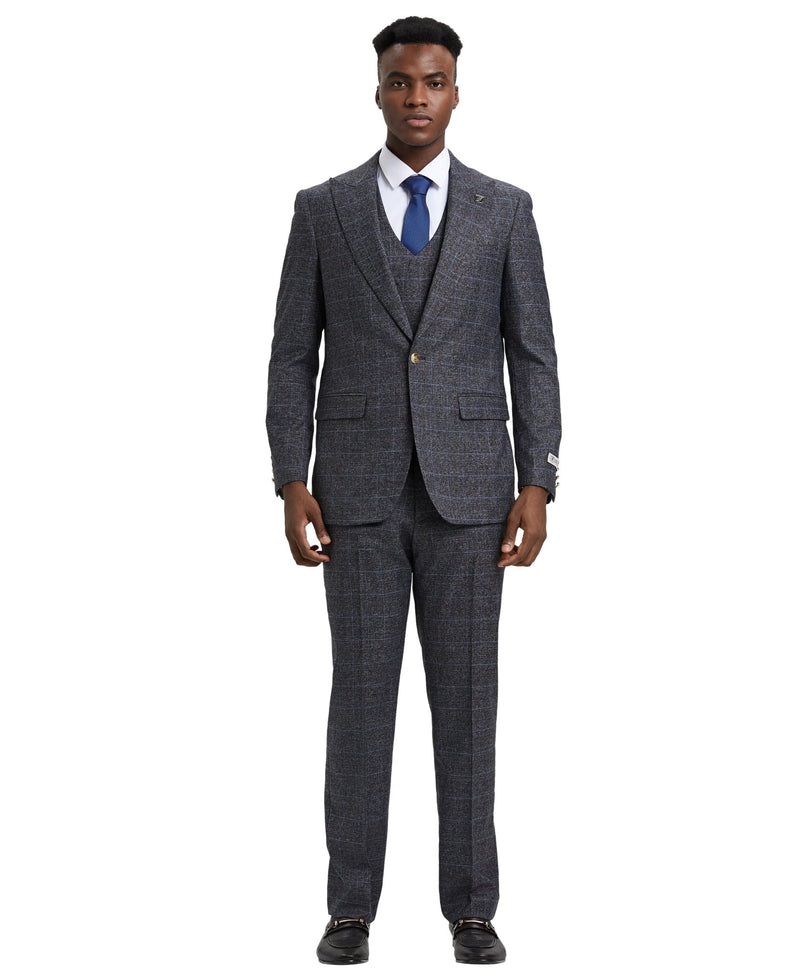 Stacy Adams Hybrid - Fit Vested Suit, Windowpane Charcoal - Bundle Bus