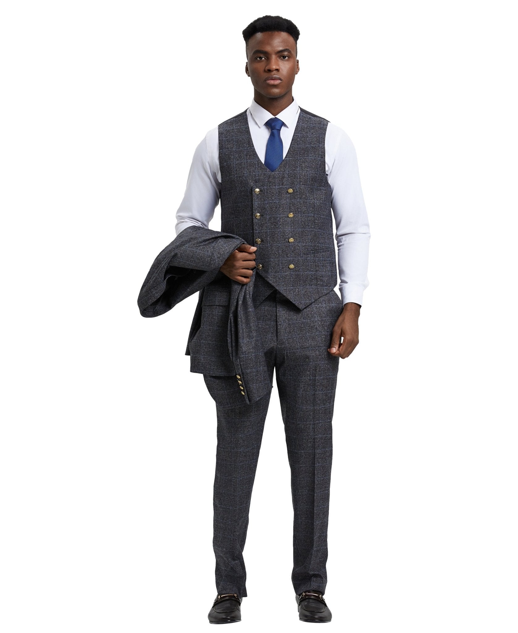 Stacy Adams Hybrid - Fit Vested Suit, Windowpane Charcoal - Bundle Bus